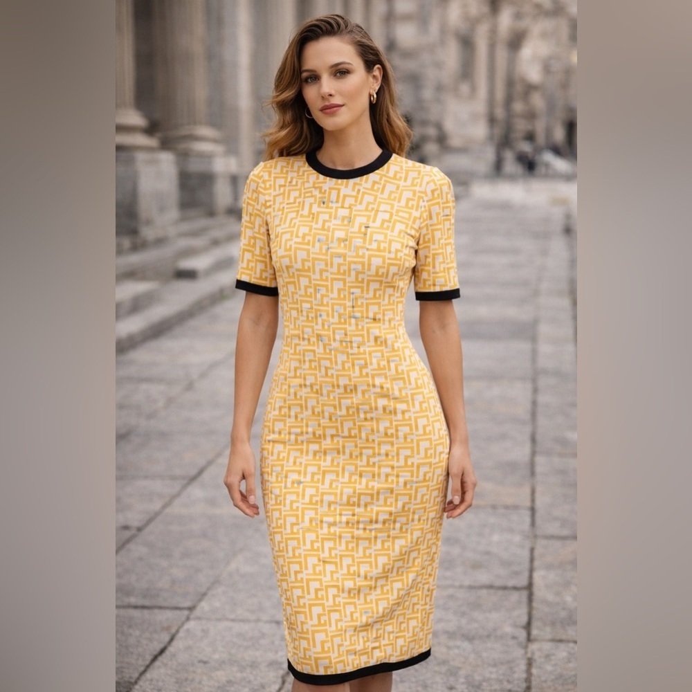 Elegant Yellow Patterned Dress Size Medium